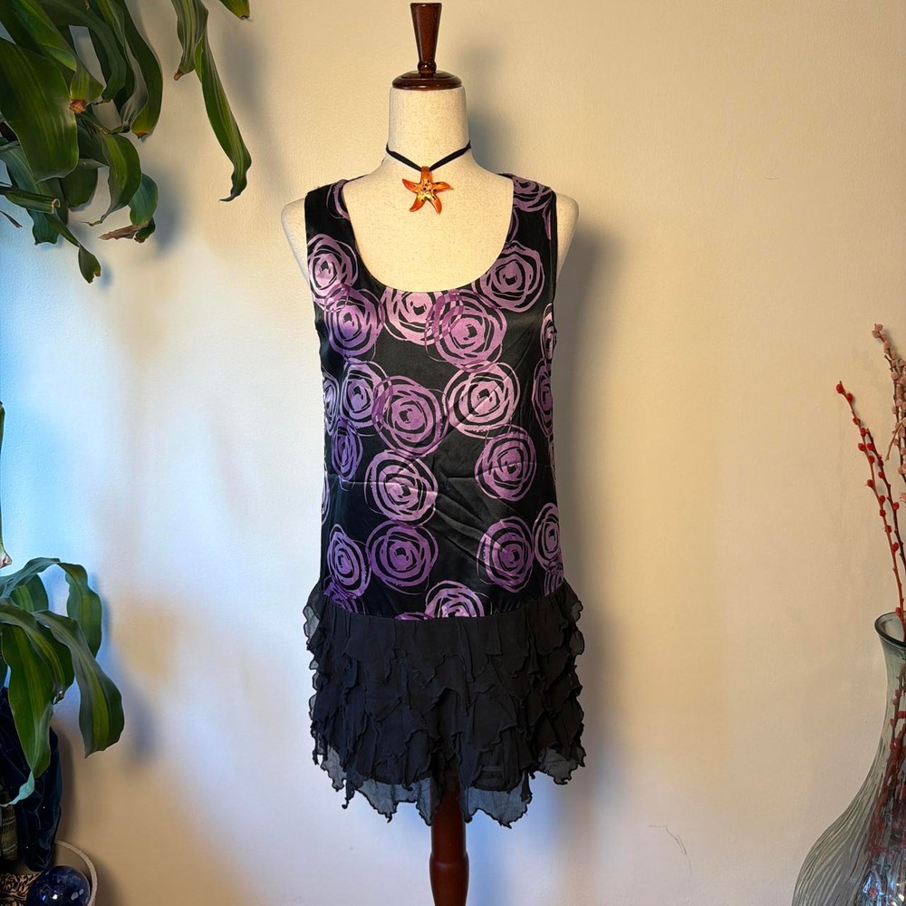 Gianbatiista Silk Drop Waist Handkerchief Hem Mini Dress Purple Black Large